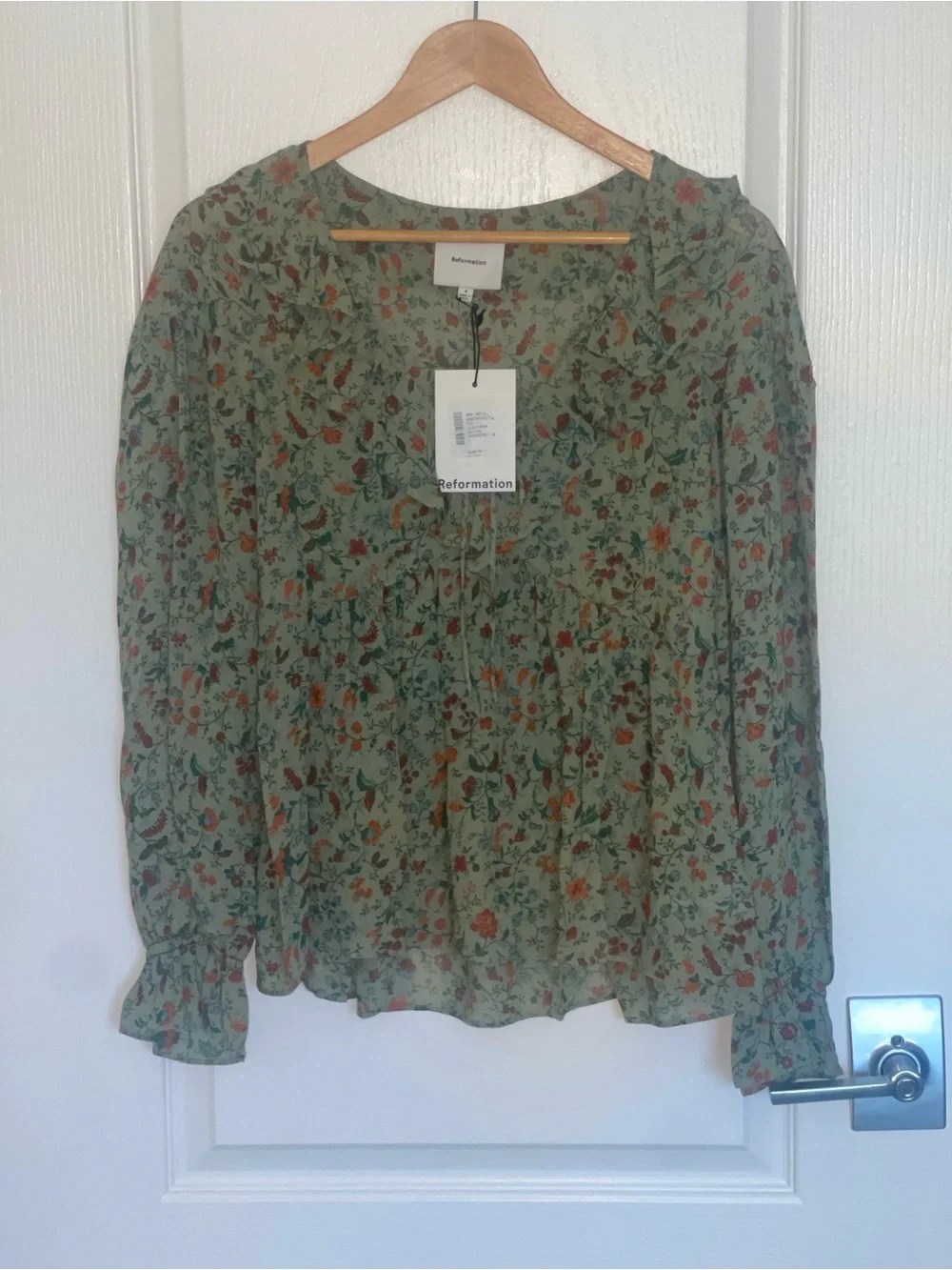 NEW REFORMATION Wyn Top PONDEROSA Green Floral Ruffle TieNeck Blouse Puff Sleeve